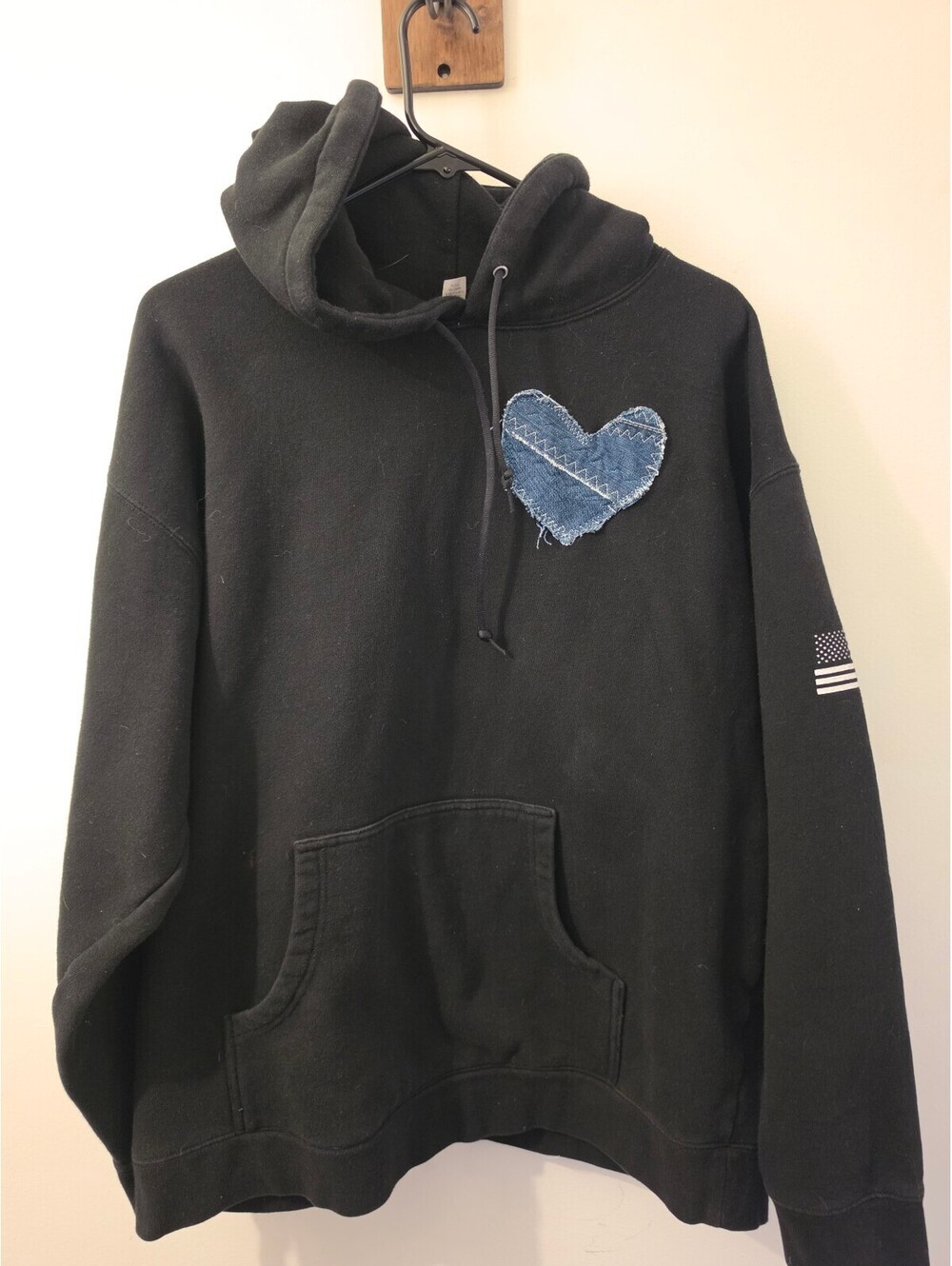 Independent Trading Company XL Black Hoodie with Denim Heart Patches